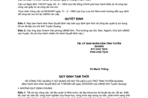 Quyết định 1196/QĐ-UB năm 2000 quy định tạm thời quản lý sử dụng hồ sơ tài liệu lưu trữ Tuyên Quang