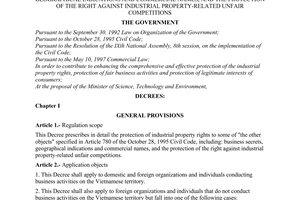 Decree of Government No. 54/2000/ND-CP of October 03, 2000 on the protection of indus-trial property rights to business secrets, geographical indications and commercial names, and the protection of the right against industrial property-related unfair competitions