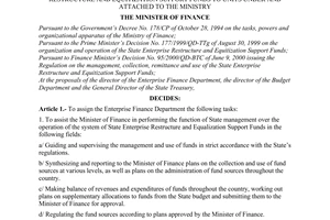 Decision No. 163/2000/QD-BTC of October 09, 2000 assigning the task of management of The State-Enterprise Restructure and Equitization Support Funds to units under and Attached to The Ministry