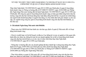 Chỉ thị 20/CT-UB 2000 thực hiện 174/1999/NĐ-CP quản lý hoạt động kinh doanh vàng Đắk Lắk