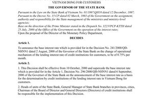 Decision No. 440/2000/QD-NHNN1 of October 10, 2000, on the announcement of the base interest rate as a basis for the determination by credit institutions of the lending interest rate in Vietnam Dong for customers