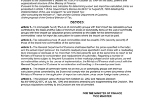 Decision No.164/2000/QD-BTC of October 10, 2000 promulgating the list of commodity groups with their import tax calculation prices controlled by the state and the index of minimum prices of commodity items with their import prices controlled by the state for determination of their value for import tax calculation