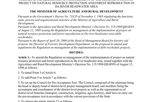 Decision No. 103/2000/QD-BNN/TCCB of October 12, 2000
amending the regulation on management of the implementation of project on natural resource protection and forest reproduction in Da River headwater area