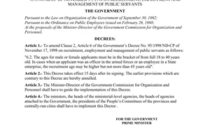 Decree of Government No. 56/2000/ND-CP of October 12, 2000 amending clause 2, article 6 of The Government’s Decree No. 95/1998/ND-CP of November 17, 1998 on recruitment, employment and management of public servants