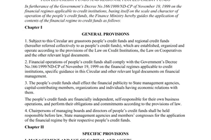 Circular No. 97/2000/TT-BTC of October 12, 2000 guiding the application of the financial regime to grassroots People’s Credit Funds and Regional People’s Credit Funds