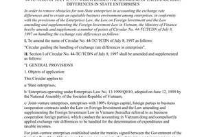 Circular No. 101/2000/TT-BTC of October 17, 2000 amending and supplementing The Finance Ministry’s Circular No. 44/TC-TCDN of July 8, 1997 which guides the handling of exchange rate differences in state enterprises