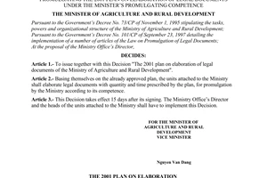 Decision No.106/2000/QD-BNN/VP of October 17, 2000 promulgating the 2001 plan on elaboration of legal documents under the ministers promulgating competence