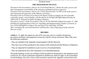 Decision No. 166/2000/QD-BTC of October 17, 2000 stipulating the import tax rates for a number of explosion-preventionmachinery and equipment used exclusively for coal pit extraction