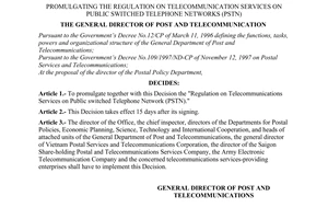 Decision No.953/2000/QD-TCBD of October 17, 2000 promulgating the regulation on telecommunication services on public switched telephone networks (PSTN)