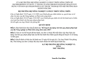 Quyết định 106/2000/QĐ-BNN-VP kế hoạch xây dựng văn bản pháp luật thuộc thẩm quyền Bộ trưởng ban hành năm 2001