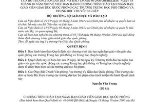 Quyết định 46/2000/QĐ-BGDĐT chương trình đào tạo ngắn hạn giáo viên giáo dục quốc phòng trường Trung học phổ thông,Trung học chuyên nghiệp