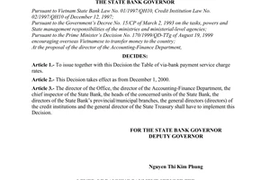 Decision No. 449/2000/QD-NHNN2 of October 20, 2000 promulgating the Via-Bank Payment Service Charge Rates