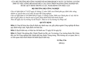 Quyết định 60/2000/QĐ-BCN  danh mục giấy phép ngành Công nghiệp quy định trong Luật, Nghị định còn hiệu lực