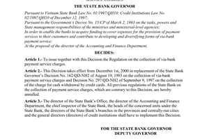 Decision No.448/2000/QD-NHNN2 of October 20, 2000 issuing the regulation on the collection of via-bank payment service charges