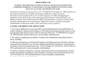 Joint circular No. 26/2000/TTLT-BLDTBXH-BTC of October 20, 2000 guiding the implementation of social insurance regimes for laborers working at non-public establishments of education, health, culture and sports sectors