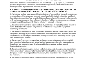 Circular No.105/2000/TT-BTC of October 23, 2000 guiding the non-payment of agricultural land use tax arrears and housing/land tax of 1999 and before
