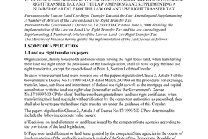 Circular No.104/2000/TT-BTC of October 23, 2000 guiding the implementation of The Governments Decreeno.19/2000/ND-CP of June 8, 2000 detailing the implementation of the law on land use Righttransfer tax and the law amending and supplementing a number of articles of The Law Onland use Right Transfer Tax