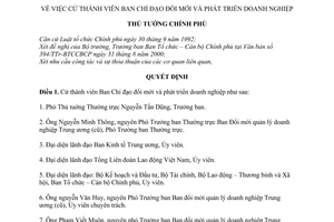 Quyết định 1050/QĐ-TTg cử thành viên ban chỉ đạo đổi mới phát triển doanh nghiệp