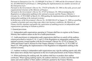 Circular No. 107/2000/TT-BTC of October 25, 2000 guiding The Registration of auditing practice