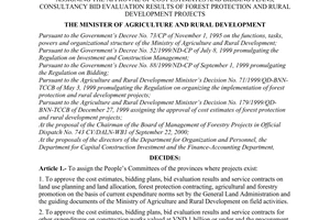 Decision No. 110/2000/QD-BNN-TCCB of October 26, 2000 assigning the approval of cost estimates and bidding plans, consultancy bid evaluation results of forest protection and rural development projects