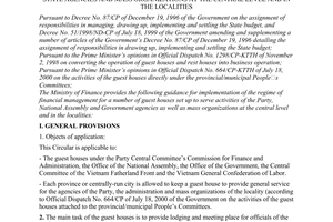 Circular No. 108/2000/TT-BTC of October 27, 2000 guiding the regime of financial management at guest houses of state agencies and mass organizations at the central level and in the localities