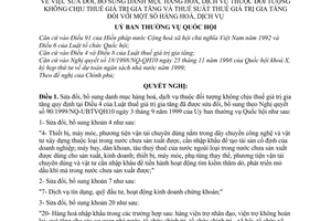 Nghị quyết 240/2000/NQ-UBTVQH10 bổ sung Danh mục hàng hoá, dịch vụ thuộc đối tượng không chịu thuế GTGTvà thuế suất thuế GTGT hàng hóa, dịch vụ