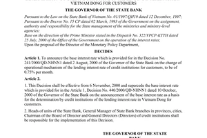 Decision No. 464/2000/QD-NHNN1 of  November 02, 2000, on the announcement of the base interest rate as a basis for the determination by credit institutions of the lending interest rate in Vietnam Dong for customers