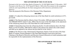 Decision No. 465/2000/QD-NHNN1 of  November 02, 2000,  on the adjustment of the refinancing interest rate of the state bank for credit institutions