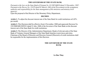 Decision No. 466/2000/QD-NHNN1 of November 02, 2000, on the adjustment of the discount interest rate of the State Bank for credit institutions