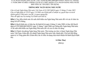 Quyết định 466/2000/QĐ-NHNN1 điều chỉnh lãi suất chiết khấu Ngân hàng Nhà nước với tổ chức tín dụng