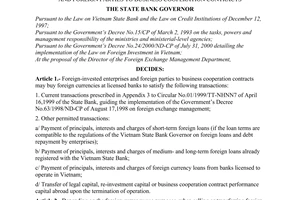 Decision No.468/2000/QD-NHNN7 of November 08, 2000 on the sale of foreign currencies to foreign-invested enterprises and foreign parties to business cooperation contracts