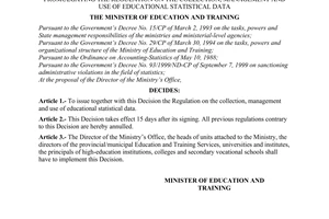 Decision No. 47/2000/QD-BGDDT of November 08, 2000 promulgating the regulation on the collection, management and use of Educational Statistical Data