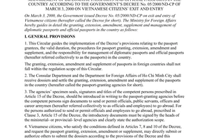 Circular No.04/2000/TT-BNG of November 08, 2000 guiding the granting, extension, amendment, supplement and management of diplomatic passports and official passports in the country according to The Government’s Decree No. 05/2000/ND-CP of March 3, 2000 on Vietnamese Citizens exit and entry