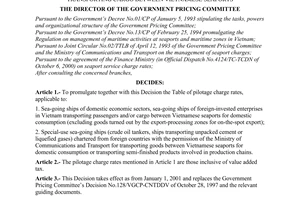 Decision No.86/2000/QD-BVGCP of November 10, 2000 on the pilotage charge rates applicable to sea-going ships transporting cargo between Vietnamese seaports