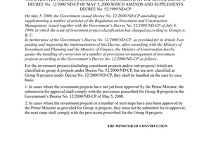 Circular No. 14/2000/TT-BXD of November 13, 2000 guiding the handling of conversion of the investment and construction projects management according to The Government’s Decree No. 12/2000/ND-CP of may 5, 2000 which amends and supplements Decree No. 52/1999/ND-CP