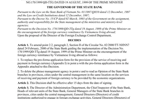 Decision No. 472/2000/QD-NHNN7 of  November 13, 2000,  on the amendment of some points of the Circular No. 02/2000/TT-NHNN7 date 24 February, 2000 guiding the implementation of the Decision No.170/1999/QD-TTG dated 19 August, 1999 of the Prime Minister