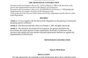 Decision No.23/2000/QD-BXD of  November 13, 2000 issuing the regulation on the granting of construction designing practice certificates
