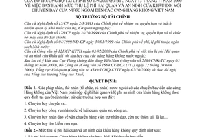 Quyết định 179/2000/QĐ-BTC mức thu lệ phí hải quan và an ninh cửa khẩu chuyến bay nước ngoài đến cảng hàng không VN