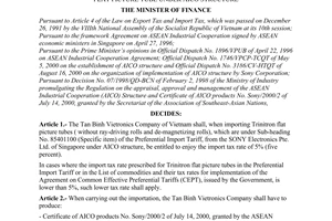 Decision No. 182/2000/QD-BTC of November 14, 2000 stipulating the import tax rate for the commodity item of trinitron flat picture tube under aico structure