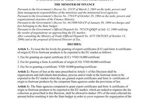 Decision No.183/2000/QD-BTC of November 14, 2000 issuing the fee levels for granting of export certificates and form a -certificates of origin to footwear products
