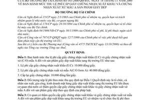 Quyết định 183/2000/QĐ-BTC mức thu lệ phí cấp giấy chứng nhận xuất khẩu  chứng nhận xuất xứ mẫu A sản phẩm giày dép