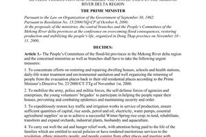 Decision No.1144/QD-TTg of November 15, 2000 on urgent measures to overcome flood consequences, restore and develop production and stabilize The People’s life in The Mekong River delta region