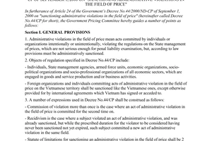 Circular No. 04/2000/TT-BVGCP of November 15, 2000 guiding the implementation of The Government’s Decree No.44/2000/ND-CP of September 1, 2000 on "Sanctioning Administrative Violations in the field of price"