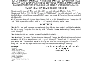 Quyết định 63/2000/QĐ-UB-VX  Quy chế tiếp nhận, quản lý, nuôi dưỡng và giáo dục đối tượng tại Trung tâm Giáo dục dạy nghề Thiếu niên 2