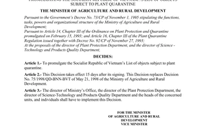 Decision No.117/2000/QD-BNN-BVTV of November 20, 2000 promulgating the socialist republic of Vietnam’s list of objects subject to plant quarantine