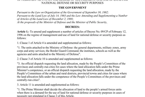 Decree of Government No.69/2000/ND-CP of November 20, 2000 amending and supplementing a number of Articles Of Decree No. 09/CP of February 12, 1996 on the regime of management and use of land for national defense or security purposes
