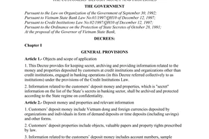 Decree of Government No. 70/2000/ND-CP of November 21, 2000 on keeping secret, archiving and providing information related to The Customers Deposit Money and Properties