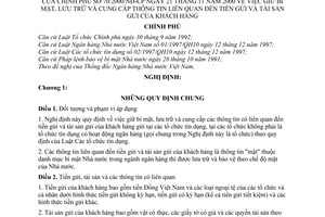 Nghị định 70/2000/NĐ-CP giữ bí mật, lưu trữ và cung cấp thông tin liên quan đến tiền gửi và tài sản gửi của khách hàng