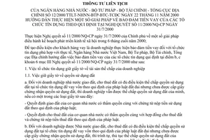 Thông tư liên tịch 12/2000/TTLT-NHNN-BTP-BTC-TCĐC  hướng dẫn giải pháp bảo đảm tiền vay của tổ chức tín dụng theo Nghị quyết 11/2000/NQ-CP