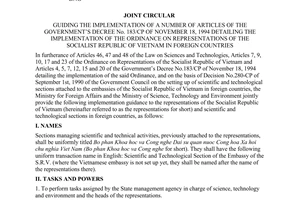 Joint circular No. 2215/2000/TTLT-BKHCNMT-BNG of November 23, 2000 guiding the implementation of a number of articles of The Governments Decree No. 183/CP of November 18, 1994 detailing the implementation of the ordinance on rEPRESENTATIONS of the Socialist republic of Vietnam In foreign countries